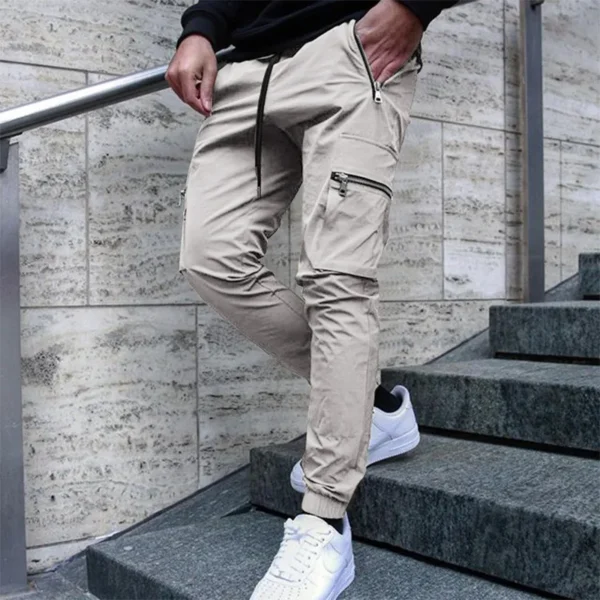 Men's casual overalls spring and autumn new drawstring fashion personality zipper pocket small foot pencil pants long pants - Image 3