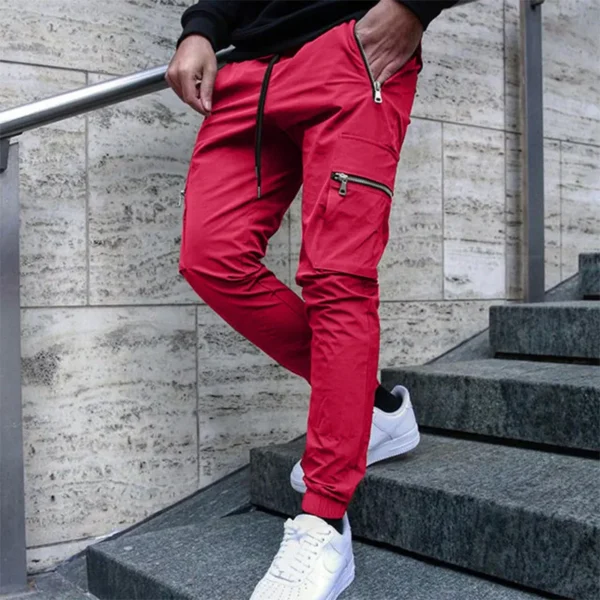 Men's casual overalls spring and autumn new drawstring fashion personality zipper pocket small foot pencil pants long pants - Image 2