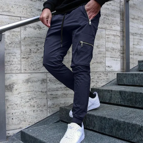 Men's casual overalls spring and autumn new drawstring fashion personality zipper pocket small foot pencil pants long pants - Image 5