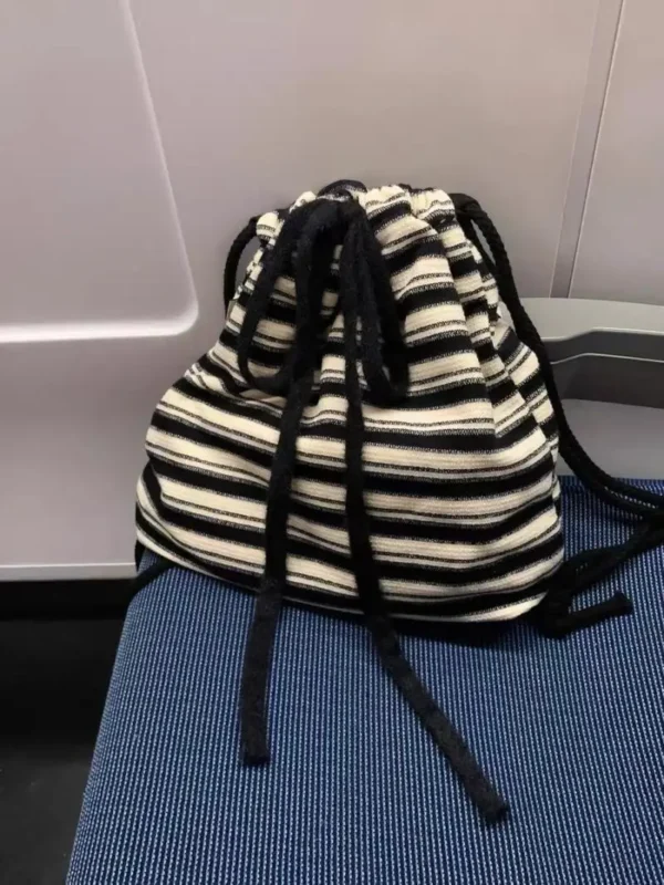 Maillard Idle Sle Stripe Fashion Canvas Backpack 2025 Spring and Summer New Knitted Schoolbag Large Capacity Backpack - Image 6