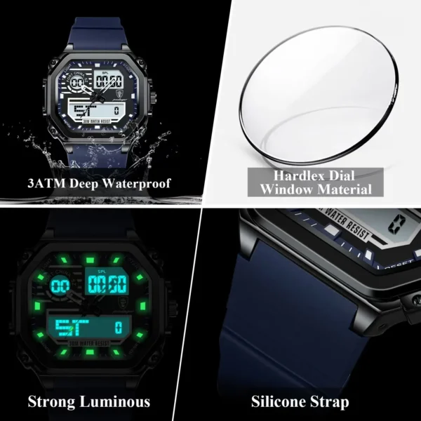 LED Sport Men Clock Dual Time Display Digital Week Date Square Man Watch Electronic Silicone Strap Men's Quartz Watches - Image 4