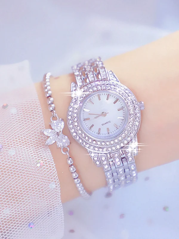 2pcs Fashionable Diamond Studded Real Nail Scale Alloy Set Quartz Bracelet Watch FOR WOMEN'S Watches - Image 3