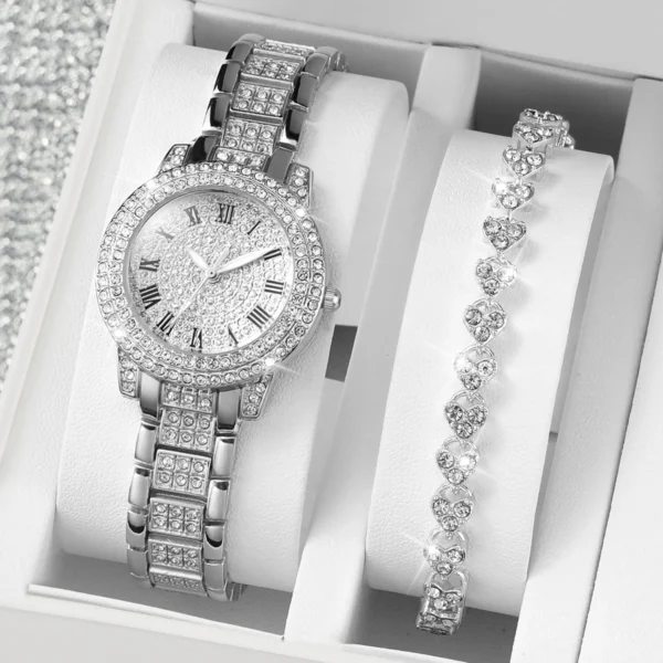 2pcs/set Women Stainless Steel Band Diamond Quartz Watch and Bracelet Set - Image 2