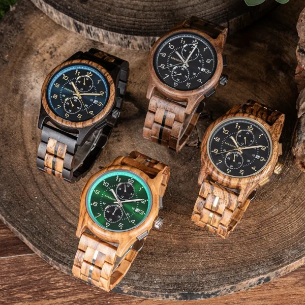 Engraved Wooden Watch for Men BOBO BIRD Chronograph Wristwatch with Luminous Hands Custom Wood Watches Anniversary Gift for Him - Image 6