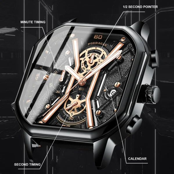 Fashion Men Wristwatches Luxury Chronograph Luminous Waterproof Date Man Watch Square Dial Leather Quartz Waterproof Date - Image 5