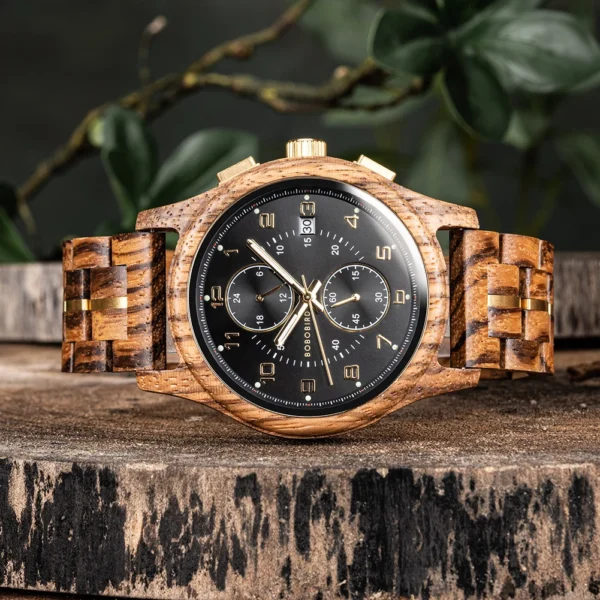 Engraved Wooden Watch for Men BOBO BIRD Chronograph Wristwatch with Luminous Hands Custom Wood Watches Anniversary Gift for Him - Image 2