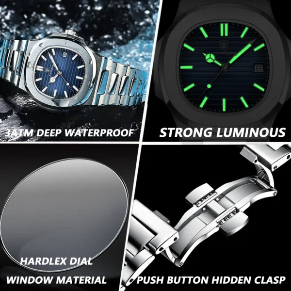 POEDAGAR Luxury Classic Man Watches Luminous Date Stainless Steel Square Quartz Male Clock Waterproof Watch for Men Reloj +Box - Image 4