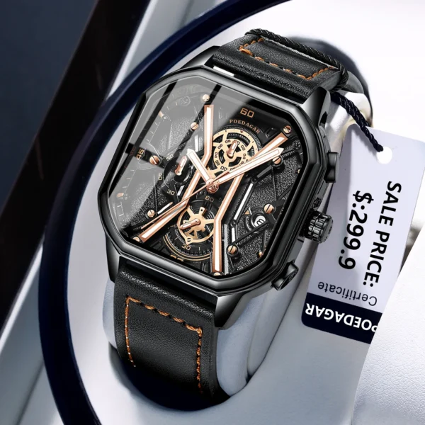 Fashion Men Wristwatches Luxury Chronograph Luminous Waterproof Date Man Watch Square Dial Leather Quartz Waterproof Date - Image 2