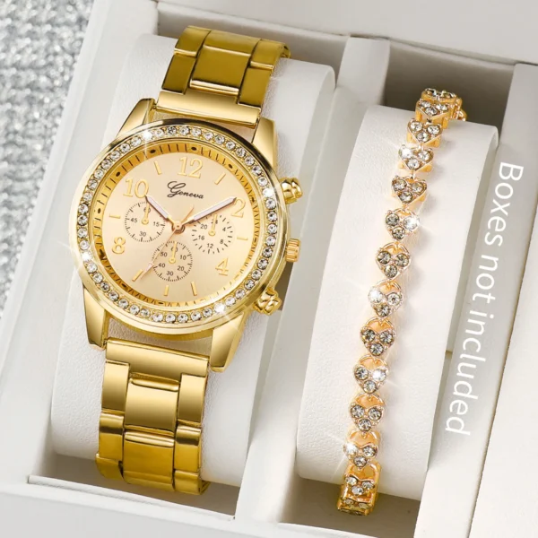 Fashion Women Stainless Steel Gold Color Quartz Watch & Diamond Bracelet - Image 2