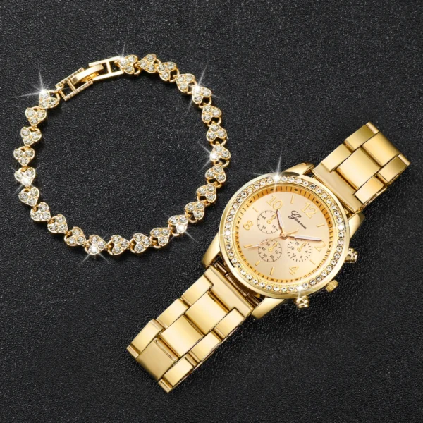 Fashion Women Stainless Steel Gold Color Quartz Watch & Diamond Bracelet - Image 4