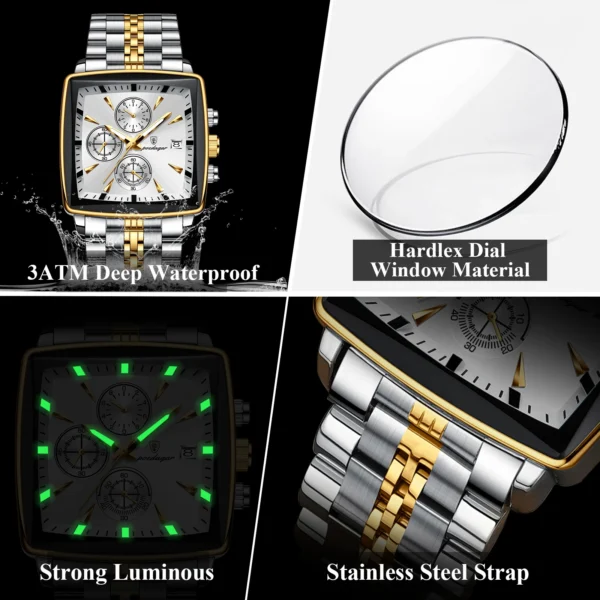 Luxury Square Sport Man Wristwatch Waterproof Luminous Chronograph Quartz Men's Watches Stainless Steel Men Watch Reloj - Image 4