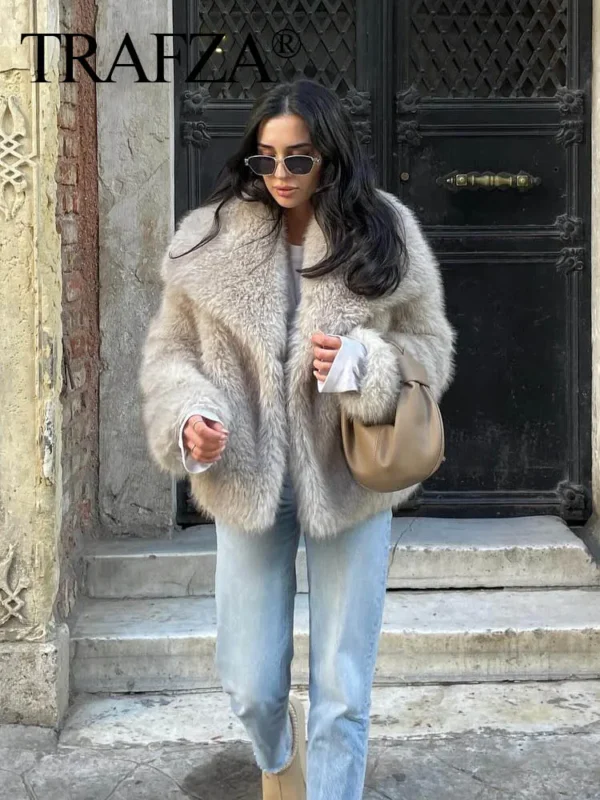 Women Fashion Cropped Faux Fur Jacket Coat Long Sleeve Front Snap-button Female Outerwear Chic Lapel Collar Thick Coat - Image 5