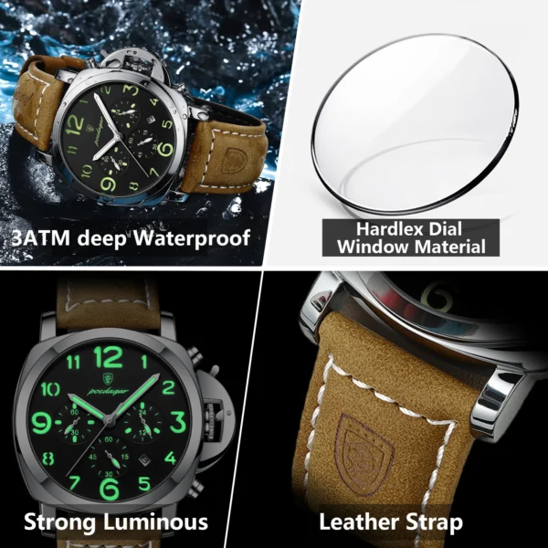 Luxury Man Watch Chronograph Waterproof Luminous Date Watch for Men Casual Leather Sports Military Men's Quartz Watches - Image 4