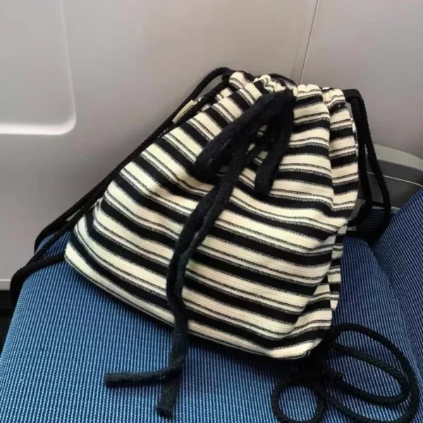 Maillard Idle Sle Stripe Fashion Canvas Backpack 2025 Spring and Summer New Knitted Schoolbag Large Capacity Backpack - Image 3