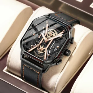 Fashion Men Wristwatches Luxury Chronograph Luminous Waterproof Date Man Watch Square Dial Leather Quartz Waterproof Date