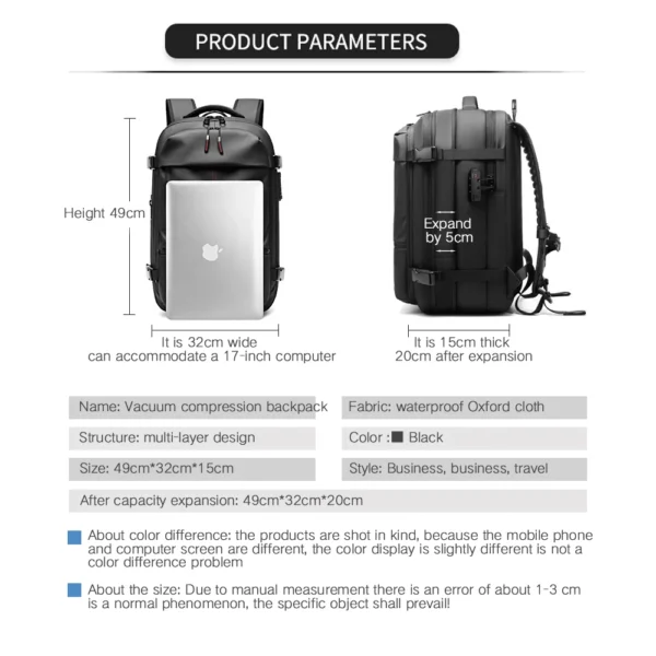 Travel Vacuum Compression Backpack 17 inch Laptop Business Backpack Large Capacity Expanded Backpack With Anti-theft Lock - Image 8