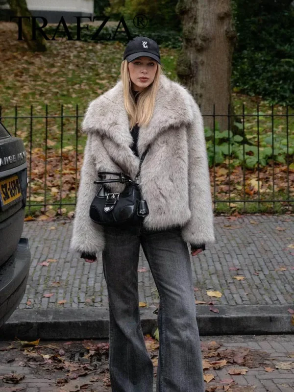 Women Fashion Cropped Faux Fur Jacket Coat Long Sleeve Front Snap-button Female Outerwear Chic Lapel Collar Thick Coat - Image 6