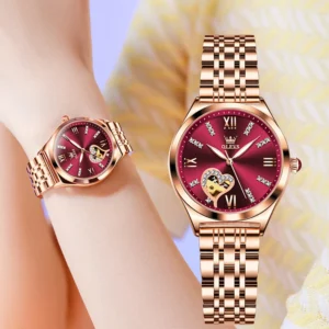 OLEVS Brand Luxury Fashion Red Dial Automatic Mechanical Watches For Women Waterproof Steel Ladies Watch reloj para mujer