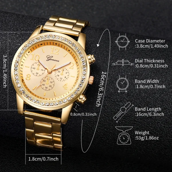 Fashion Women Stainless Steel Gold Color Quartz Watch & Diamond Bracelet - Image 5