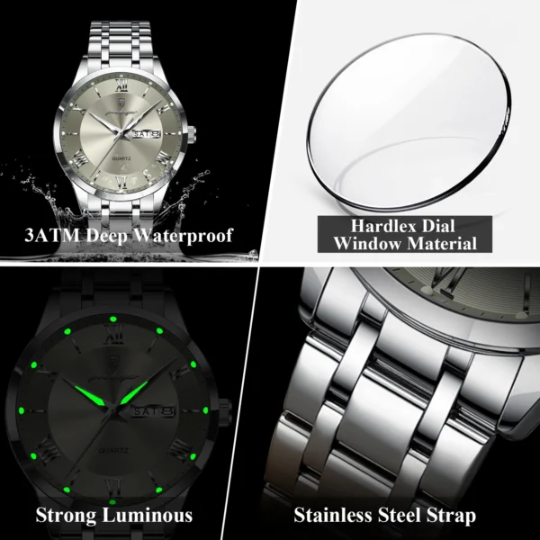 Luxury Fashion Men Clock Waterproof Luminous Date Week Man Wristwatch Sports Stainless Steel Quartz Men's Watches Reloj - Image 4