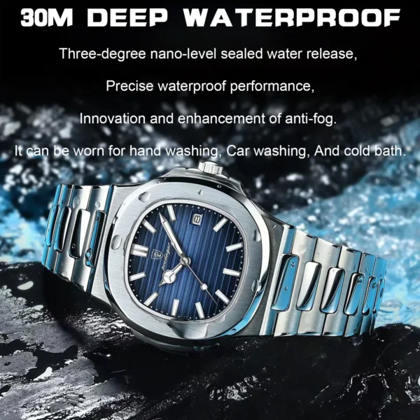 POEDAGAR Luxury Classic Man Watches Luminous Date Stainless Steel Square Quartz Male Clock Waterproof Watch for Men Reloj +Box - Image 3