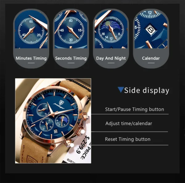 Men Quartz Watch Luxury Sports Waterproof Chronograph Luminous Date Man Wristwatch Business Leather Men's Watches Clock - Image 4