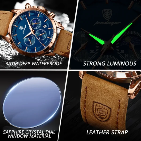 Men Quartz Watch Luxury Sports Waterproof Chronograph Luminous Date Man Wristwatch Business Leather Men's Watches Clock - Image 3