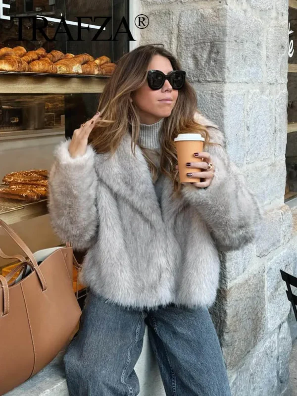 Women Fashion Cropped Faux Fur Jacket Coat Long Sleeve Front Snap-button Female Outerwear Chic Lapel Collar Thick Coat - Image 4