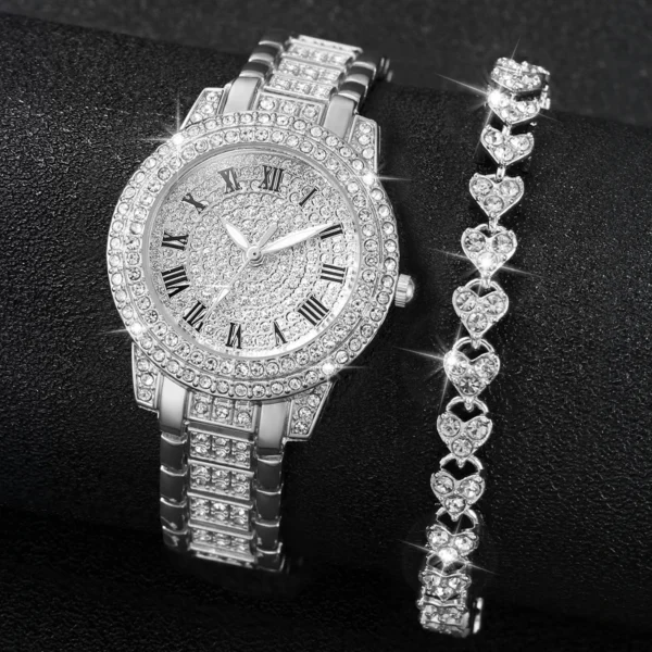 2pcs/set Women Stainless Steel Band Diamond Quartz Watch and Bracelet Set - Image 4