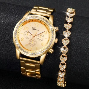 Fashion Women Stainless Steel Gold Color Quartz Watch & Diamond Bracelet