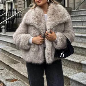 Women Fashion Cropped Faux Fur Jacket Coat Long Sleeve Front Snap-button Female Outerwear Chic Lapel Collar Thick Coat