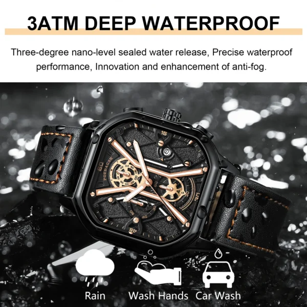 Fashion Men Wristwatches Luxury Chronograph Luminous Waterproof Date Man Watch Square Dial Leather Quartz Waterproof Date - Image 3