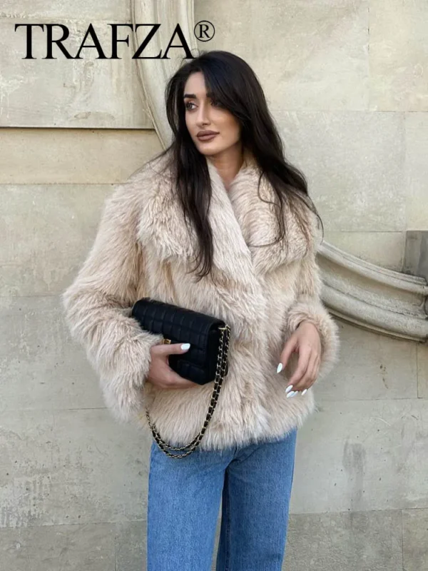 Women Fashion Cropped Faux Fur Jacket Coat Long Sleeve Front Snap-button Female Outerwear Chic Lapel Collar Thick Coat - Image 2